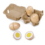 Holz Eier in originalgetreuer Eierpappe, Klettverbindung um das Ei aufzuschneiden
